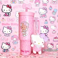 野兽派欧阳娜娜同款黑皮豹纹HelloKitty巨无霸保温吸管不锈钢水杯