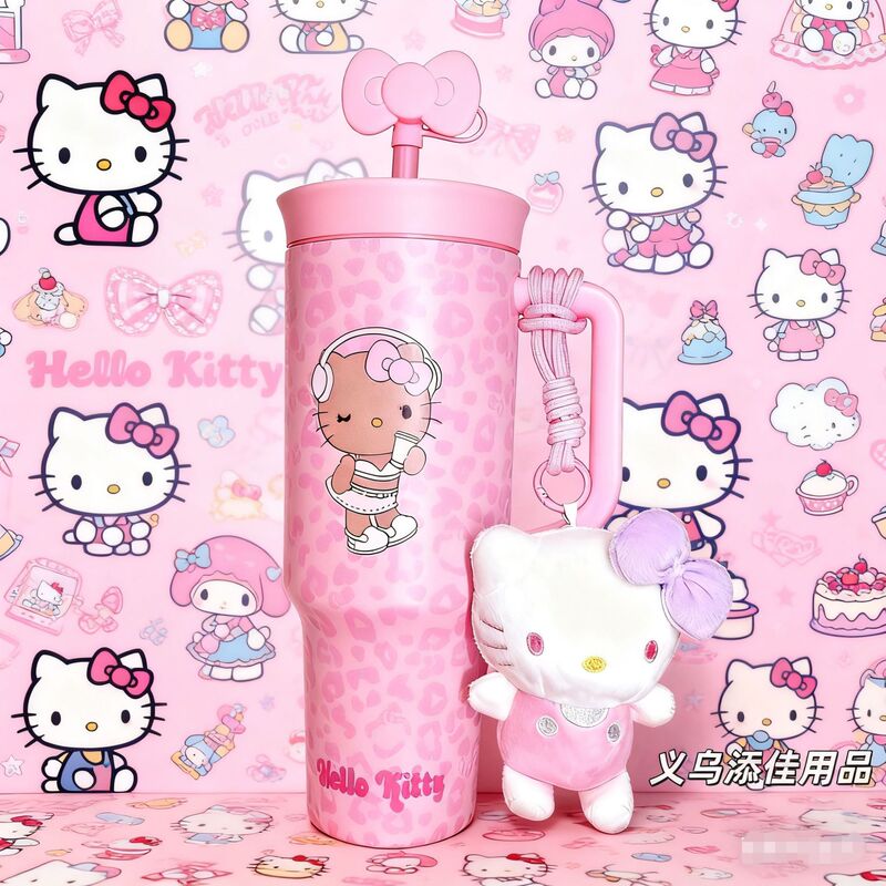 野兽派欧阳娜娜同款黑皮豹纹HelloKitty巨无霸保温吸管不锈钢水杯|undefined