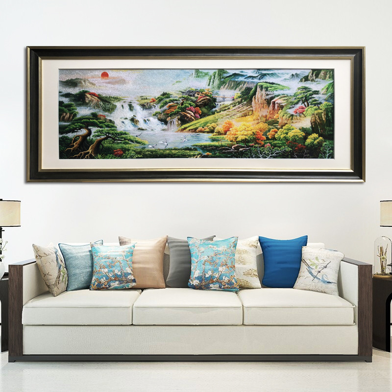 客厅山水永相联手工刺绣苏绣成品乱针绣装饰画新中式国潮壁画挂画