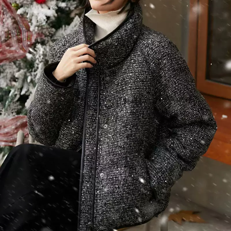 繁星羽绒"羊毛编织粗花呢95鹅绒服短款外套小香风羽绒服秋冬女装