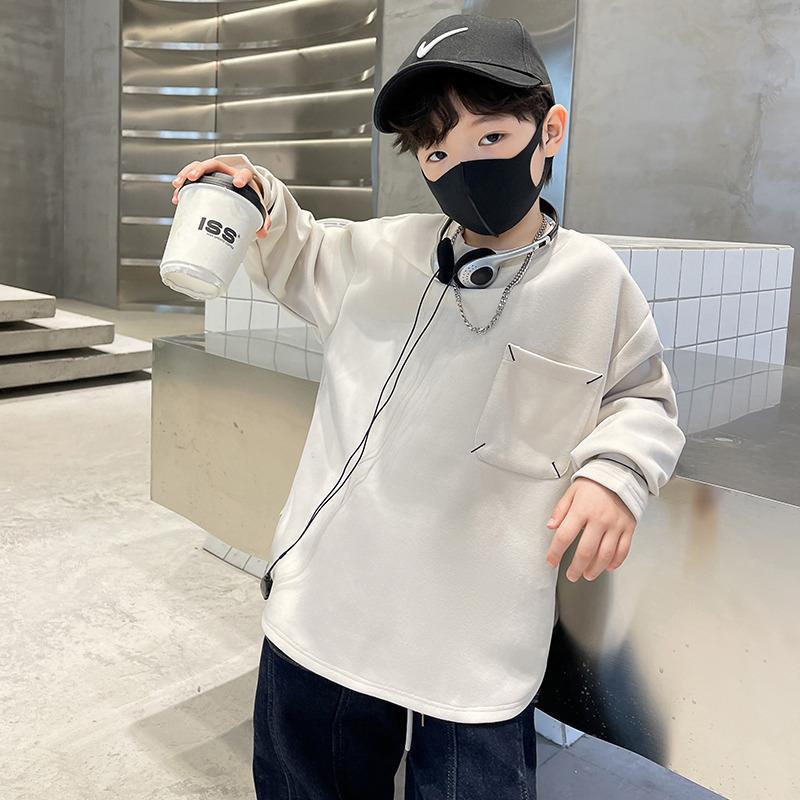 Boys' Sweatshirt Spring and Autumn Style 2023 New Children's Pure Cotton Long-Sleeve T-Shirt Top for Middle Children Base Shirt Trendy and Cool