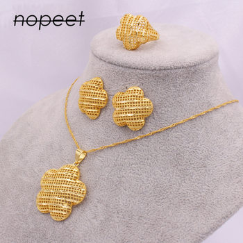 NOPEET Dubai Bridal 24K Gold Jewelry Set African Women Gold Necklace Earrings Ring Wedding Gift