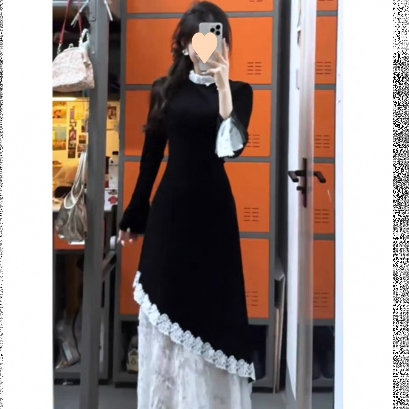 高级感新中式丝绒连衣裙女秋冬蕾丝拼接假两件旗袍裙长裙3314|undefined