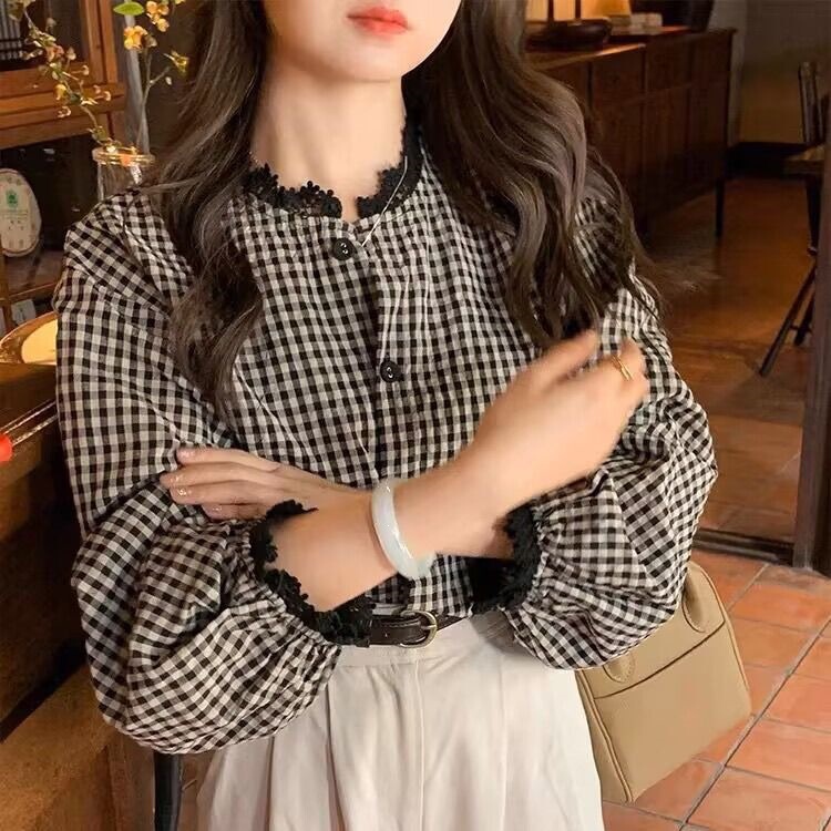 French Retro Plaid Shirt Design with Lace Splicing, 2025 New Age-Reducing Style, Long-Sleeve Versatile Loose Top with Off-Shoulder Design French Retro Plaid Shirt Design with Lace Splicing, 2025 New Age-Reducing Style, Long-Sleeve Versatile Loose Top with Off-Shoulder Design