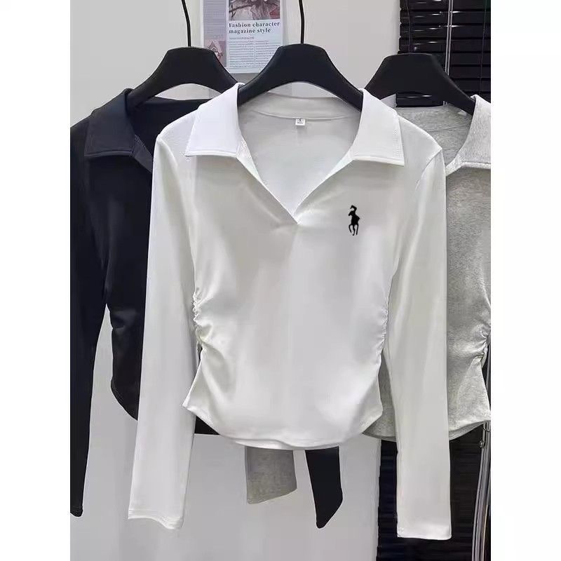 Women's Slim Fit Embroidered Base Layer T-Shirt Long Sleeve Collared Design Off-Shoulder Top For Autumn Winter Unique Style_voghion.com