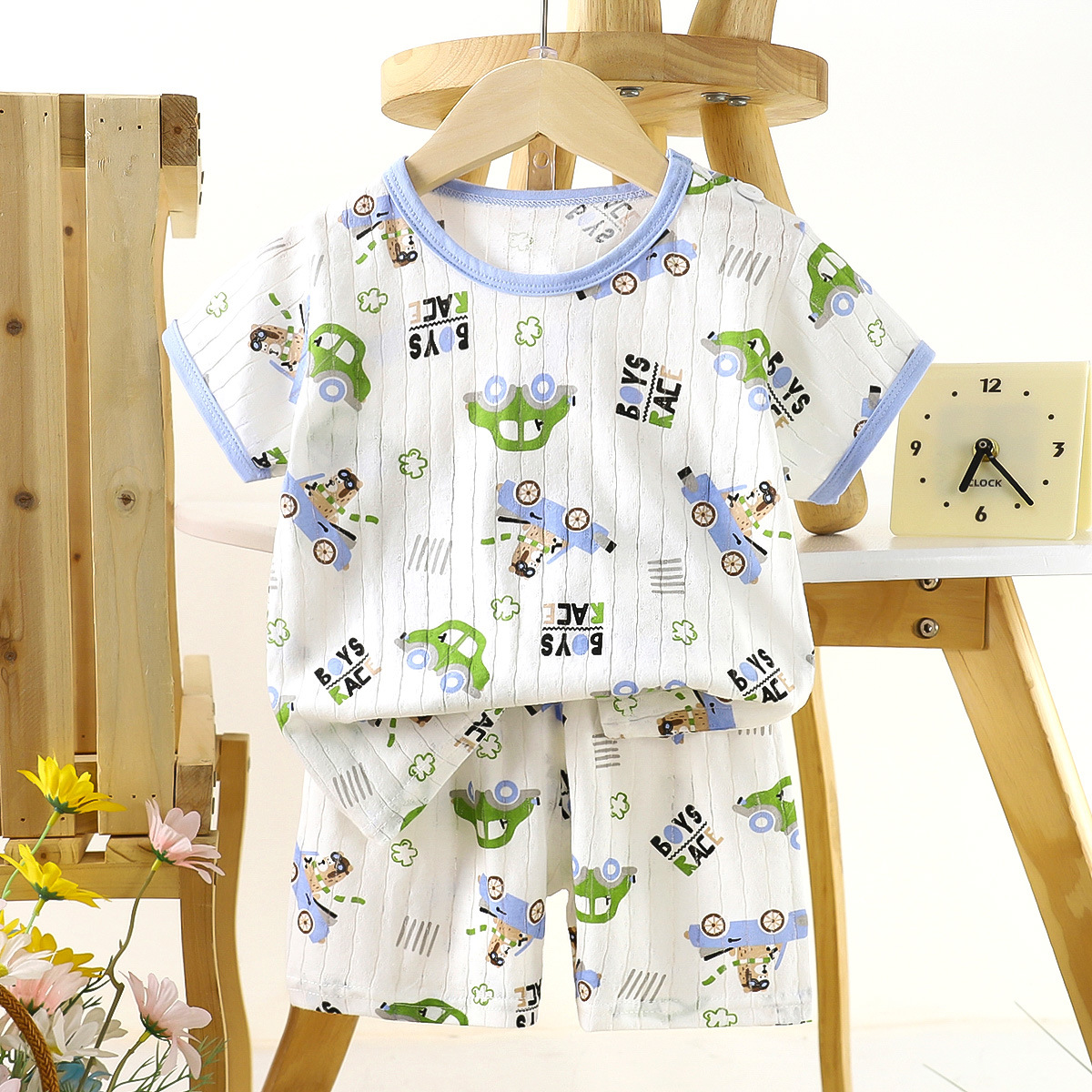 Nuevo traje de bebé de verano de dos piezas de manga corta de algodón para niños, pantalones cortos para bebés, ropa de casa delgada de dibujos animados