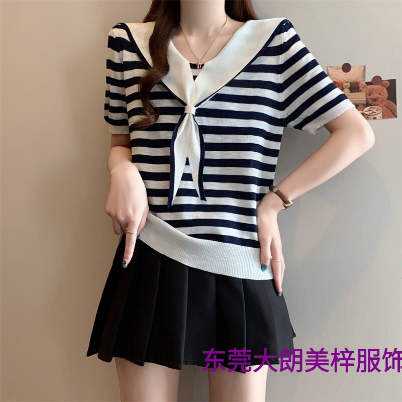 French Preppy Style Contrast Striped Navy Collar Short-Sleeved Sweater for Women Summer Thin Age-Reducing Slimming Top