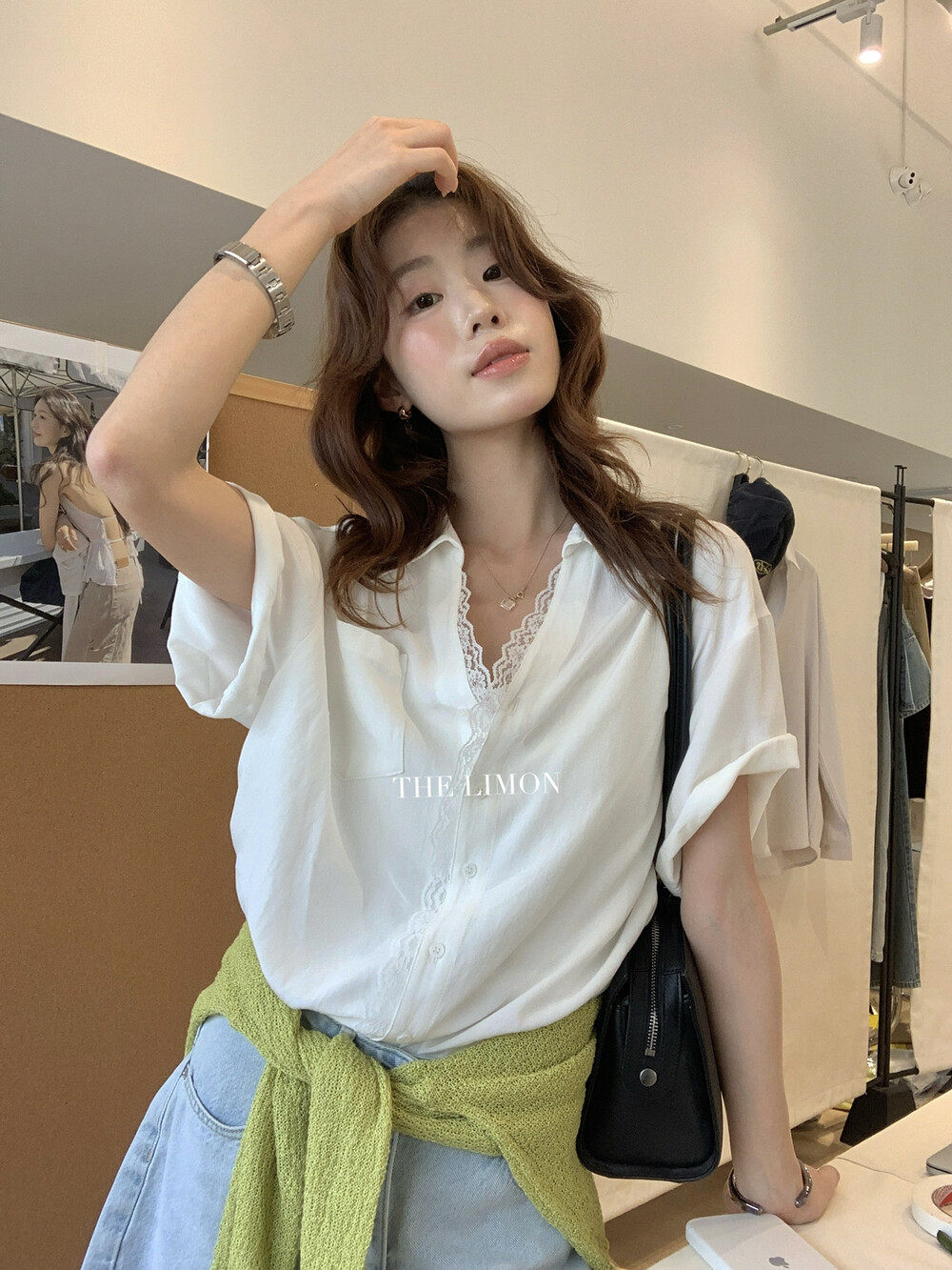 Áo sơ mi tay ngắn nữ phối ren viền cổ, dáng rộng mùa xuân hè — màu trắng, Xanh da trờicolor chi tiết 27