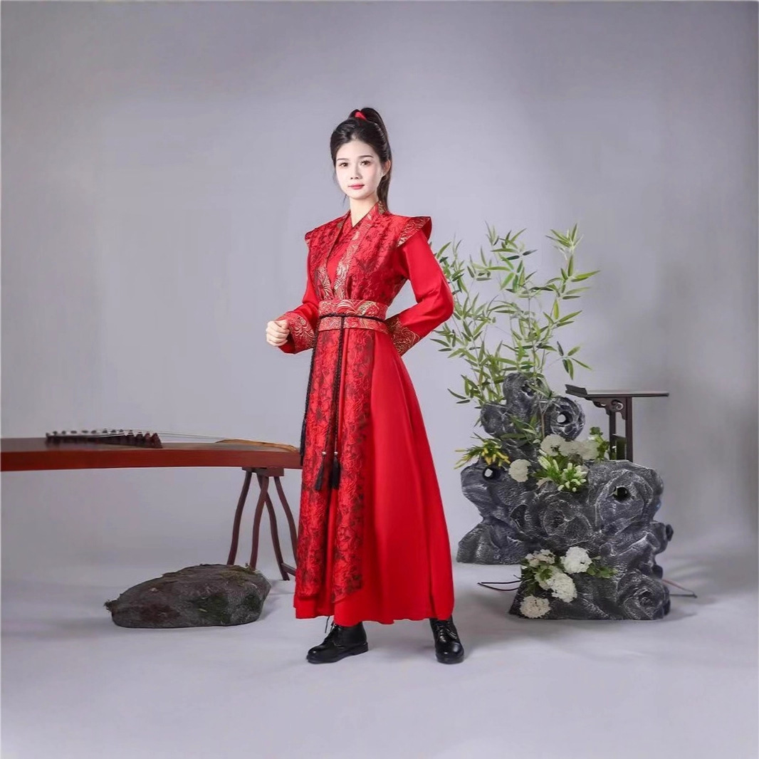 Red Drum Performance Costumes for Men and Women, Chivalrous Style, Mulan Sword Dance, Chinese Style Ancient Costume, Elephant King Dance Costume, Snow Dragon Song