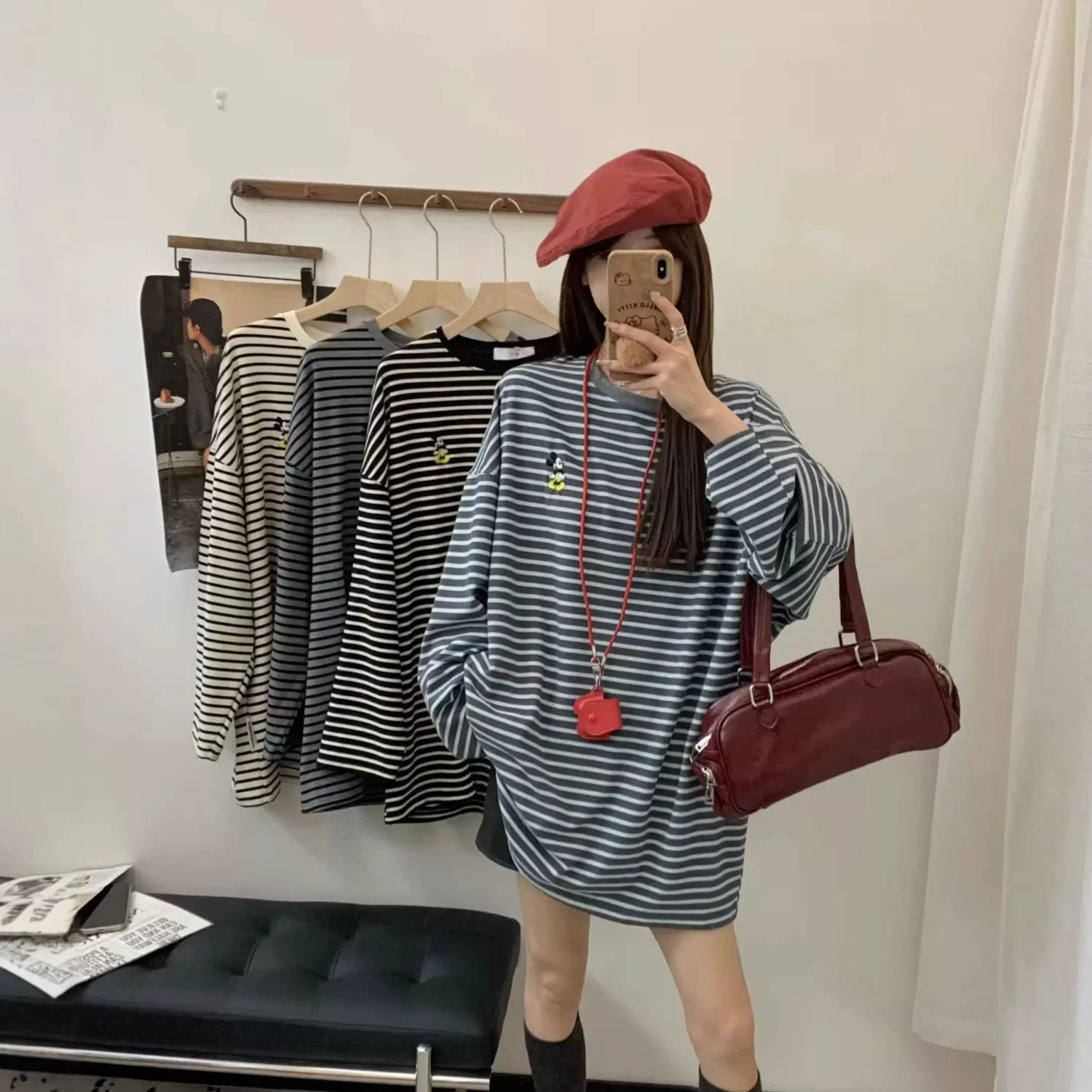 冬季德绒加厚减龄条纹中长款大码胖mm200斤宽松休闲长袖T恤打底衫