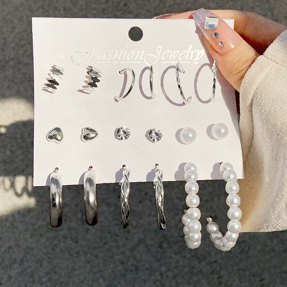 Earrings set 6-piece, European style simple elegant, metal fashion studs and dangles