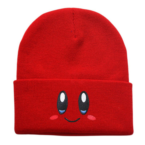 Eye-catching smiley cartoon cute college-style knitted hat, soft pink star-shaped Kirby embroidery expressive versatile yarn hat