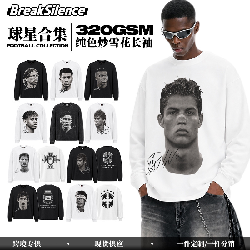 Cristiano Ronaldo Football Star Autumn/Winter New Long Sleeve American Style Washed Vintage Heavyweight Unisex Small Collar Loose Drop Shoulder Cross-Border Cristiano Ronaldo Football Star Autumn/Winter New Long Sleeve American Style Washed Vintage Heavyweight Unisex Small Collar Loose Drop Shoulder Cross-Border