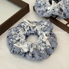 原创手作复古蕾丝蓝色格子拼接布艺大肠发圈高级感蝴蝶结气质发绳