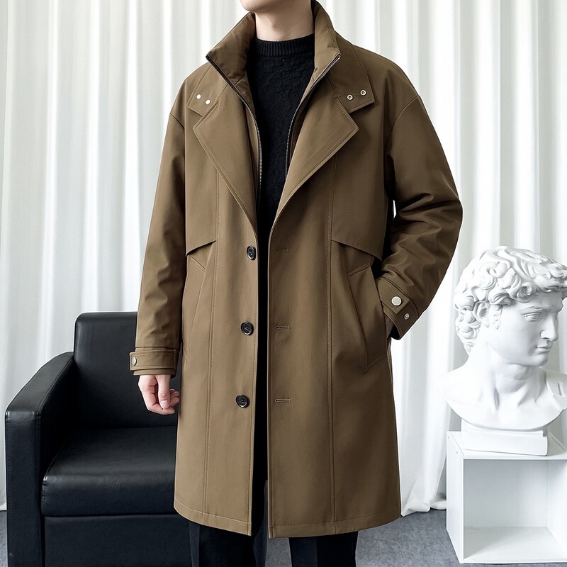 Men's windbreaker 2026 autumn and winter double collar faux two-piece 100% wool lining long business parka thickened coat
