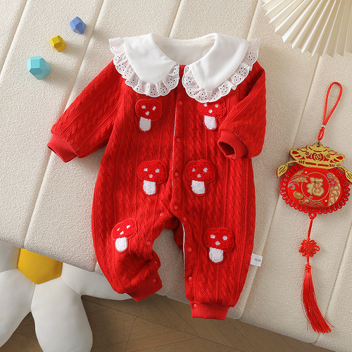 Winter baby lace collar with front open button, newborn climbing clothes, mushroom double-layer jumpsuit