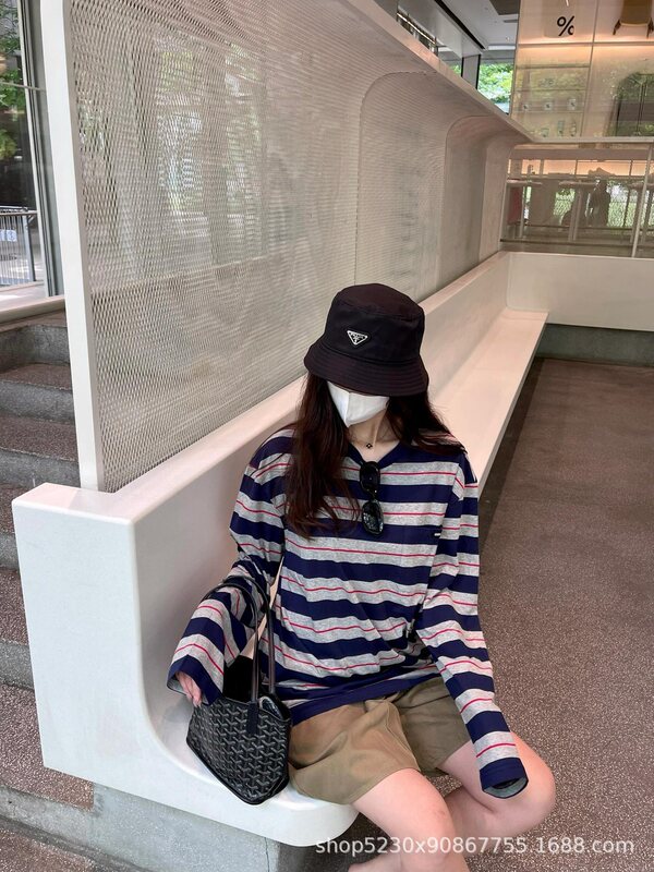 25早秋新款慵懒风复古字母徽标口袋条纹宽松长袖T恤女款|undefined
