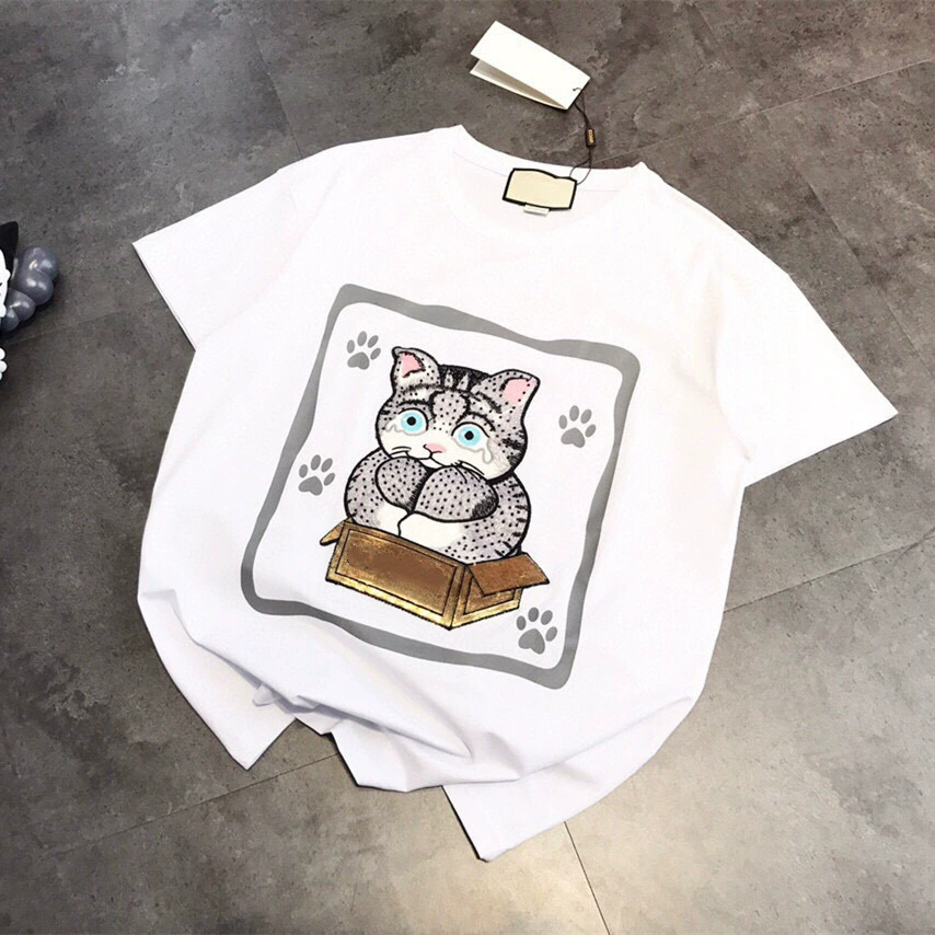 Симпатичная кошачья футболка с вышивкой пайетками, устойчивая к царапинам, летняя модная брендовая футболка с короткими рукавами, повседневная, сверхмощная, трансграничная дропшиппинг