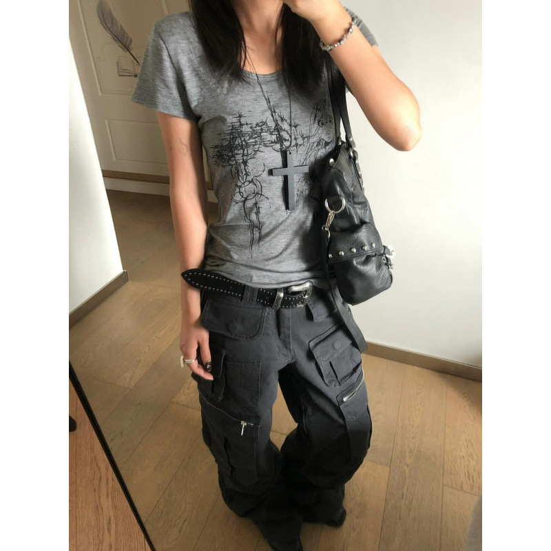 【人棉莫代尔1*1随心裁】y2k亚文化正肩短袖女夏季印花修身上衣|undefined