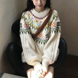 简约复古甜美提花毛衣女2025新款冬季慵懒风高级感韩系针织衫上衣