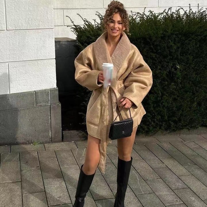 Women's Clothing autumn and winter new fashion cashmere leather fur collar composite belt jacket_voghion.com