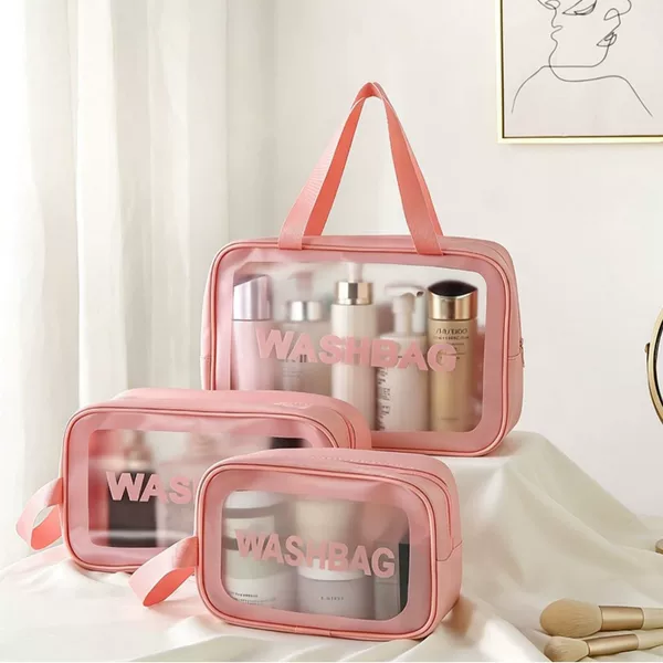 Pvc Three-Piece Cosmetic Bag Set, Thick and Large Capacity, Transparent with Lettering, Moisture-Proof, Travel, Swimming, Fitness, Sports Storage Bag