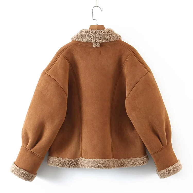 Women Winter Faux Shearling Sheepskin Jacket Retro Suede