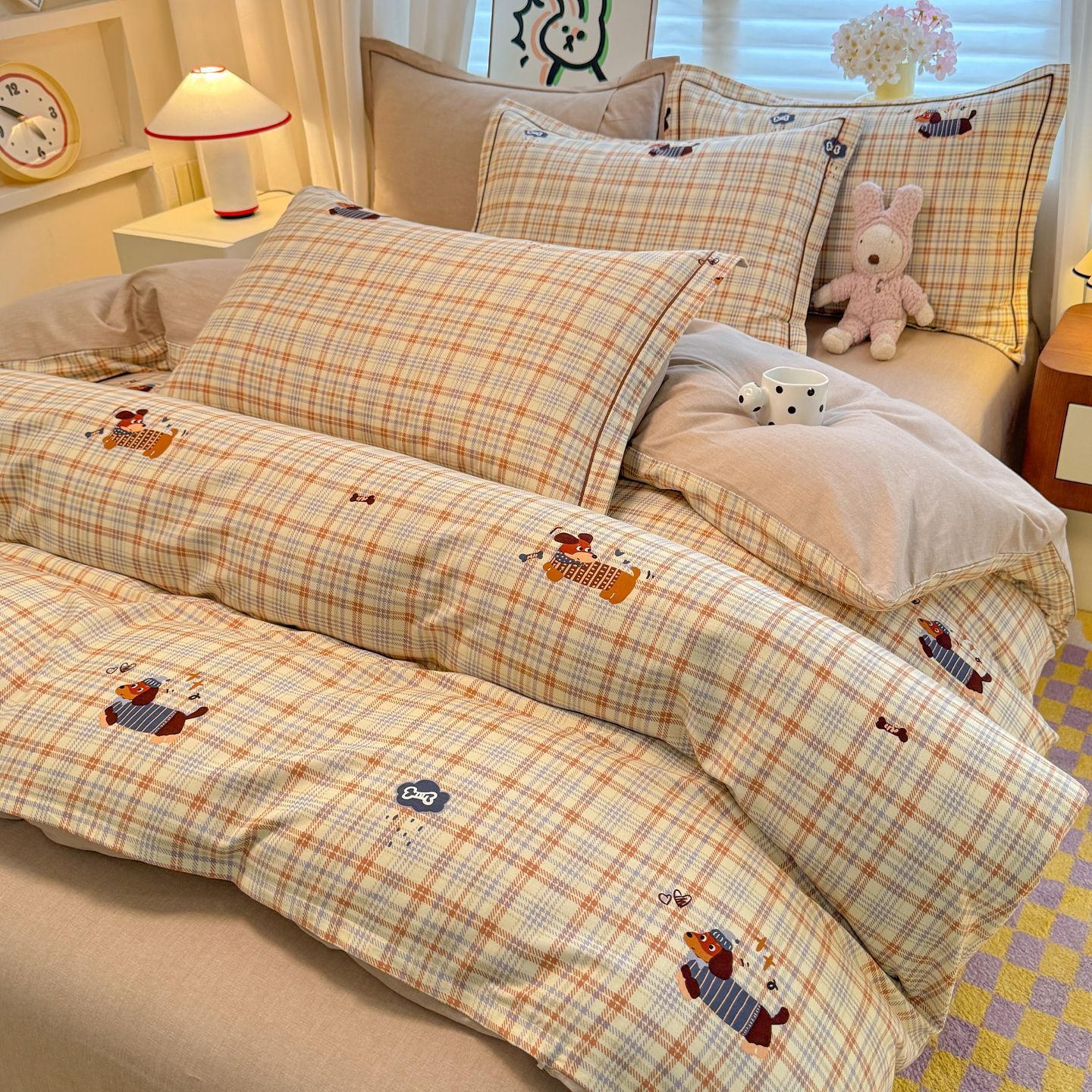 Cama de algodón grueso abrasivo con sábanas de algodón de tres piezas, cama de cuatro piezas, dormitorio de estudiantes, sensación de alto nivel