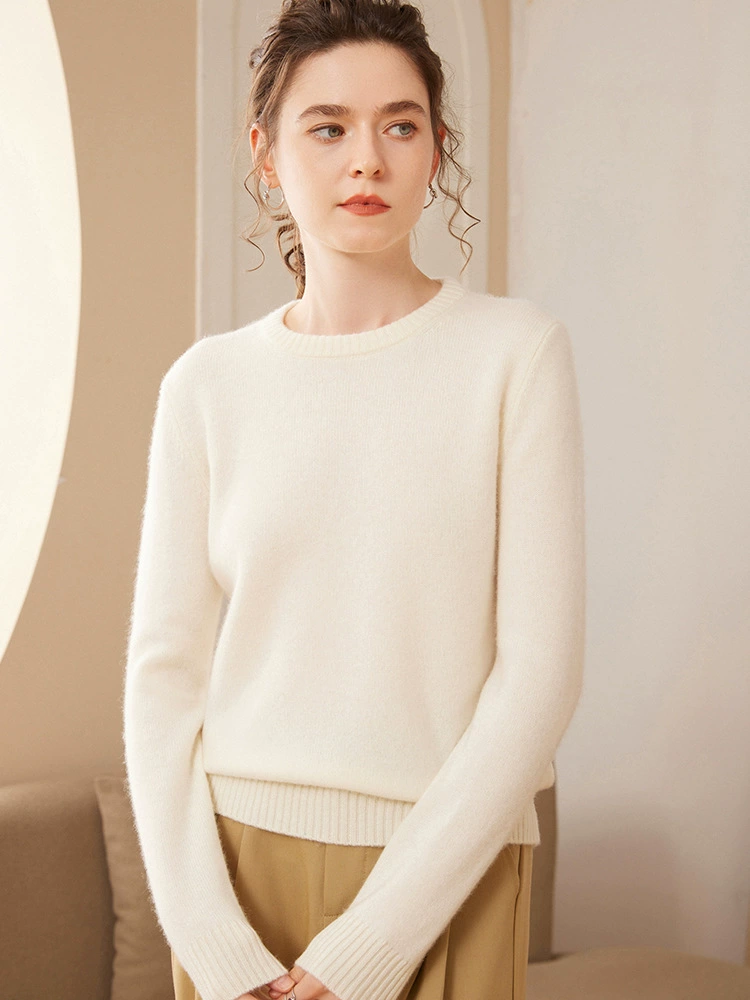Демисезонный вязаный кашемировый свитер, приталенный, круглый вырез, повышенная плотность