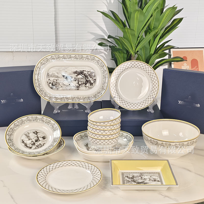 Cross-Border Wbao Manor Series Tableware Bone China Bowls, Spoons, Plates, Storage Trays, Hotel and Household Tableware Sets Wholesale