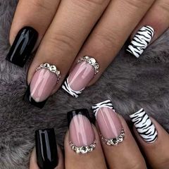 中長款黑白法式黑邊美甲斑馬紋穿戴甲時尚辣妹假指甲女士專用美甲