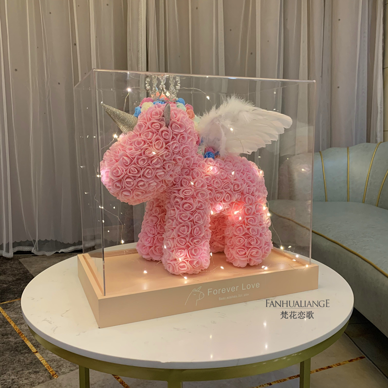 Unicornio flor inmortal rosa ramo caja de regalo de regalo para el día de San Valentín para la novia esposa y amiga