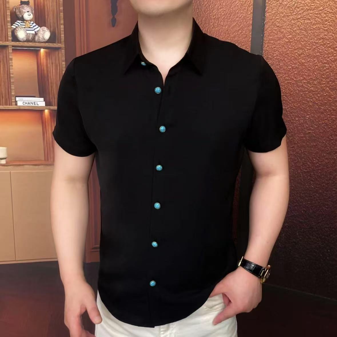 New Classy Draped Short-Sleeved Polo Shirt for Men, Slim Business Casual Thin Fashionable Pure Color T-Shirt
