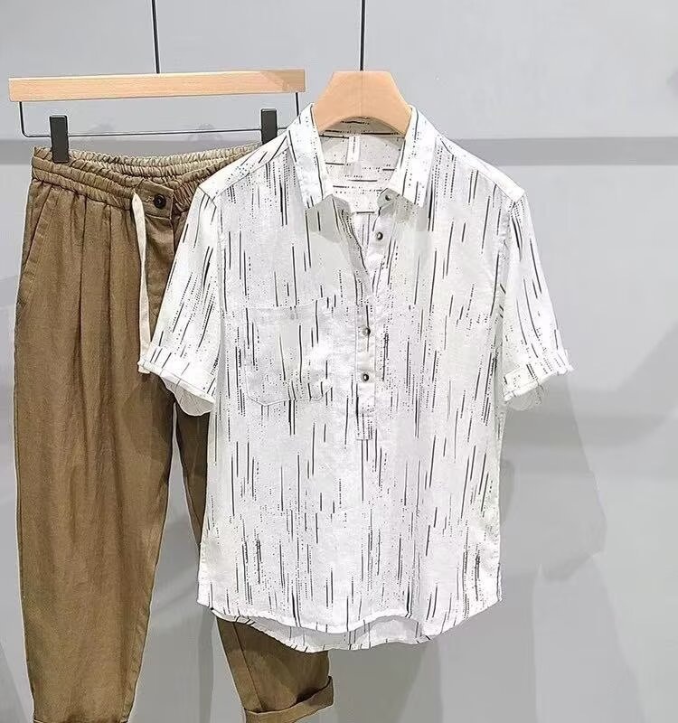 Men's Clothing Men's Summer Thin Linen Shirt Floral Print 5/8 Sleeves Breathable Trendy All-Linen Shirt For Formal & Casual_viptrois.com