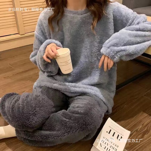 Winter flannel round-neck pajamas for women, long-sleeved new style, warm, thick and velvet pajamas and velvet home wear for women