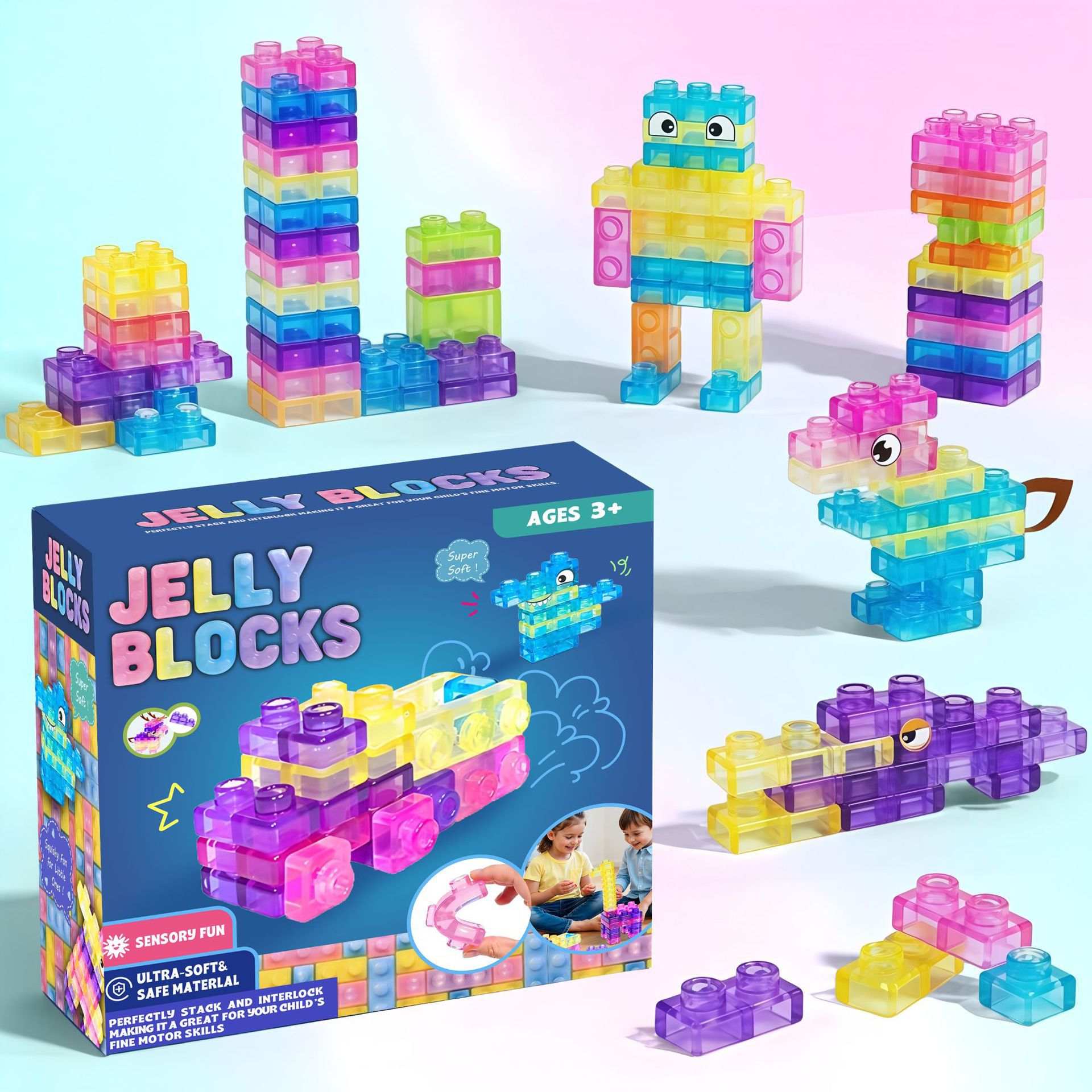 Amazonas goma blanda bloques de construcción de jalea bebé transparente descompresión pellizco pellizco gránulo puzzle juego de juguetes para niños