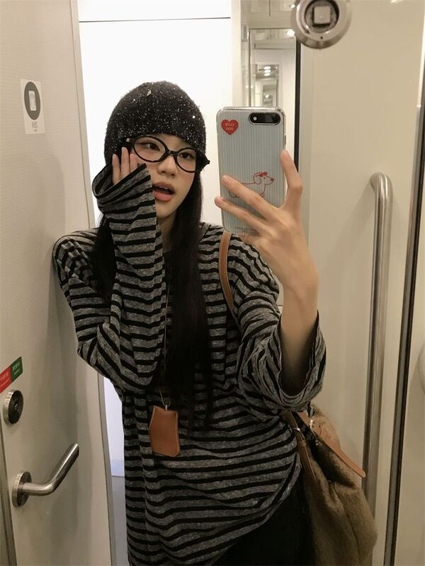 美式复古条纹长袖t恤女早秋季2025新款oversize松弛感慵懒风上衣|undefined
