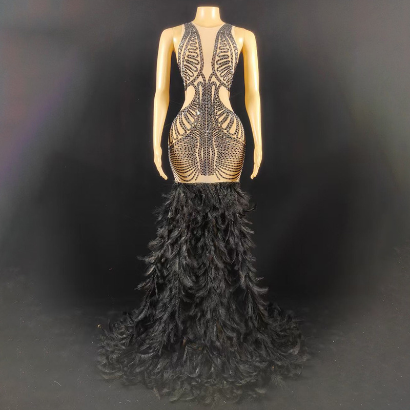 Diamond Performance Costume Birthday Outfit Wedding Dress Black Girl Mermaid Ball Feather Evening Dress Diamond Performance Costume Birthday Outfit Wedding Dress Black Girl Mermaid Ball Feather Evening Dress