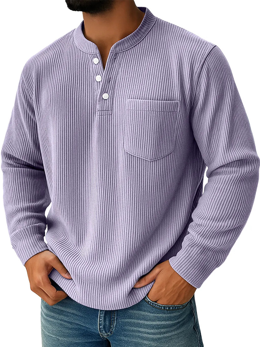 Men's Corduroy Polo Shirt Solid Colour Three-button Collar Top_voghion.com
