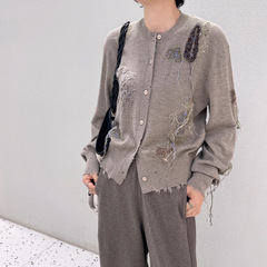 现货 江南系2025秋季新款宽松简约钉珠流苏刺绣针织开衫女上衣