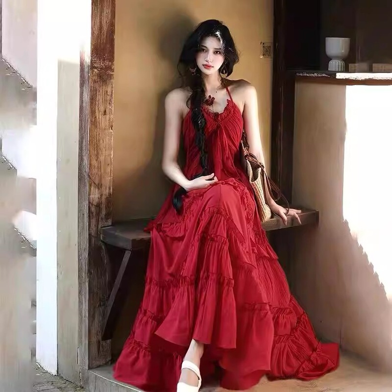 2026 Summer New Style French Retro Bordeaux Red Suspender Dress with Lining for Women, Sexy Mid-Length Dress Trend 2026 Summer New Style French Retro Bordeaux Red Suspender Dress with Lining for Women, Sexy Mid-Length Dress Trend