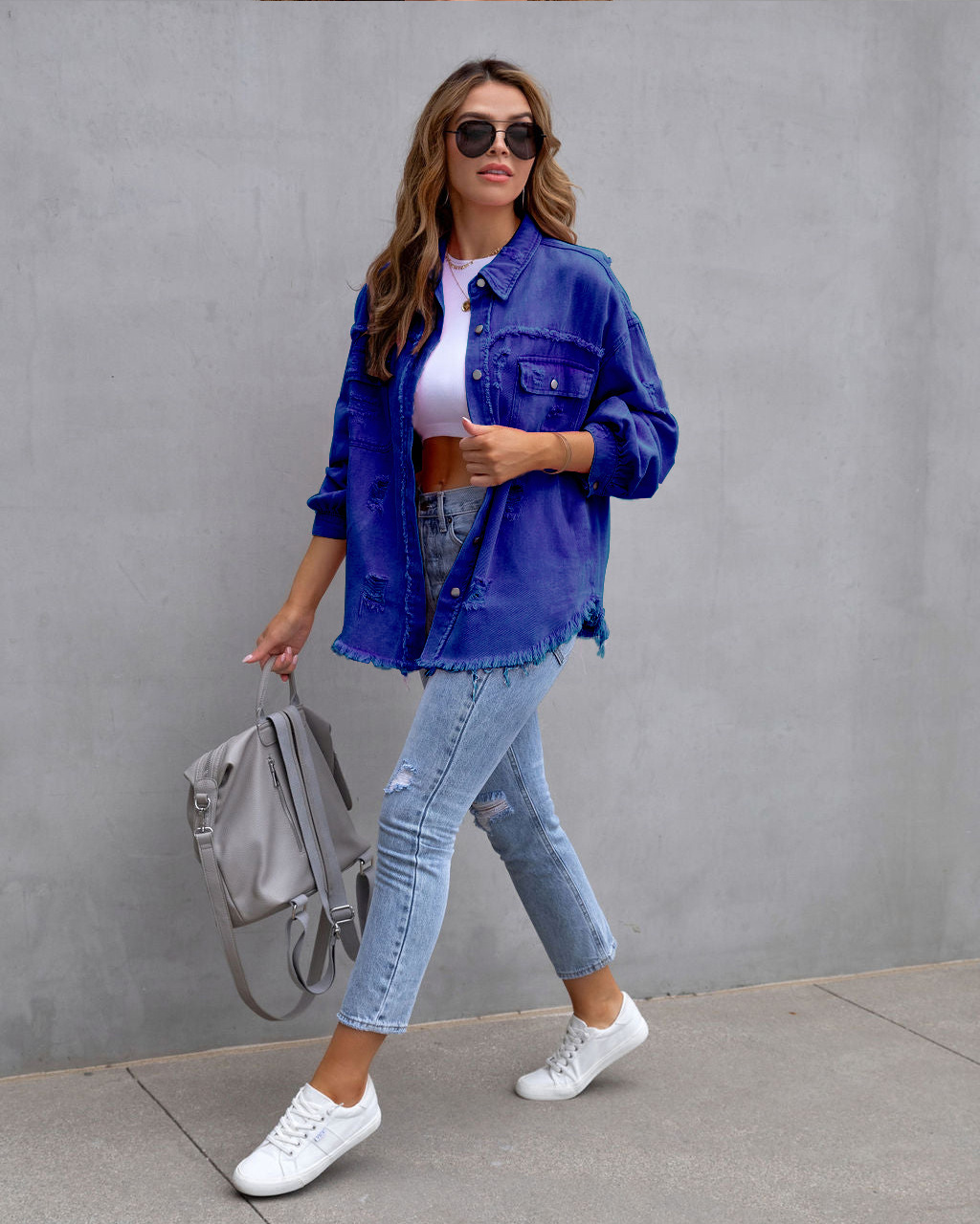 Giacca di jeans donna con volant strappata bavero manica lunga_voghion.com