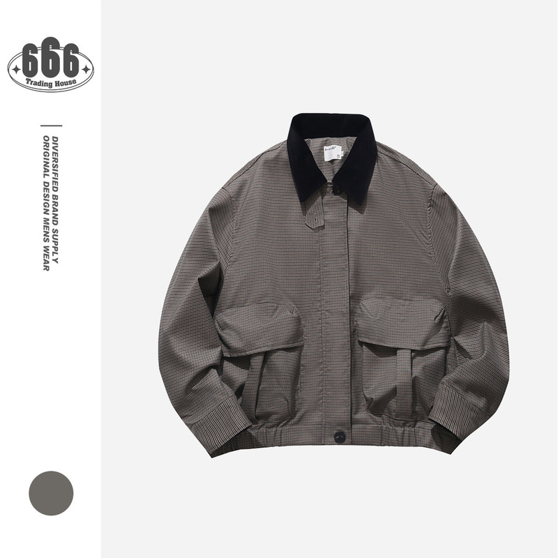 Broallybr British Retro Houndstooth Cargo Jacket Men's and Women's Classic Plaid Lapel Jacket Hunting Suit W04