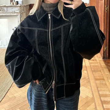 欧美跨境女装速卖通秋冬款宽松翻领美式复古时尚夹克拉链皮衣外套|undefined