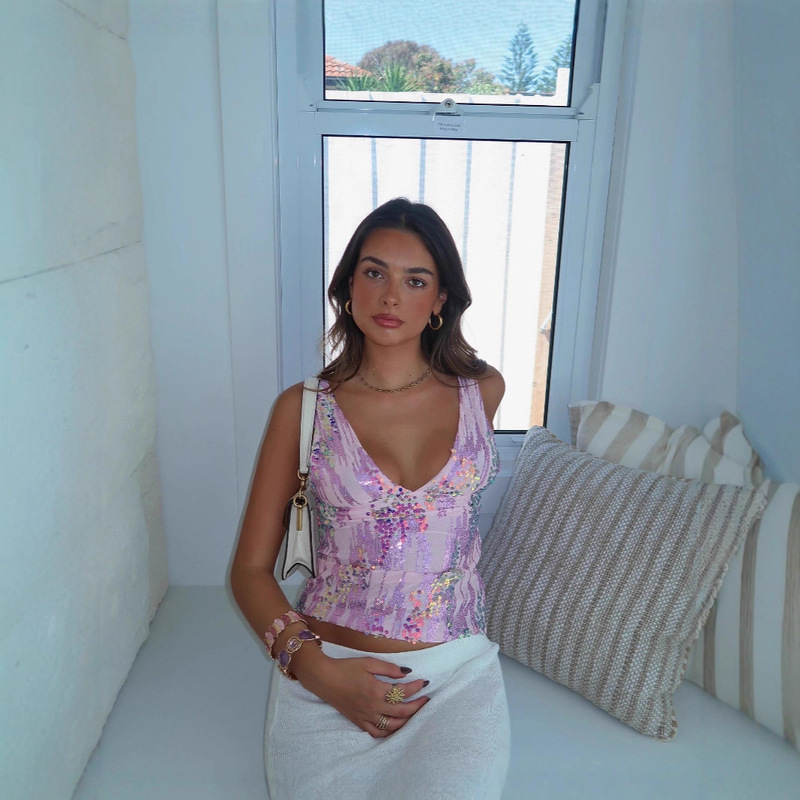 2025 European and American Cross-Border Fashion Women's Summer Deep V Neck Pullover Vest Sequined Lace Waist Slim Vest