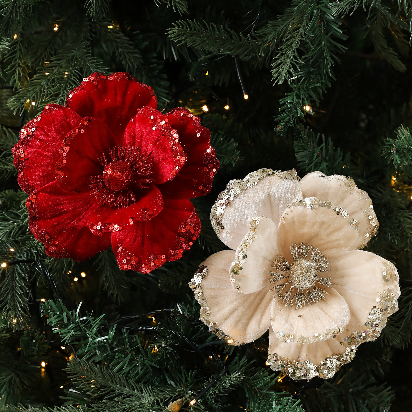 Nuevo producto 15CM flocado de polvo de viscosidad flor de Navidad magnolia de alta calidad tela de lujo decoración de Navidad imitación flores