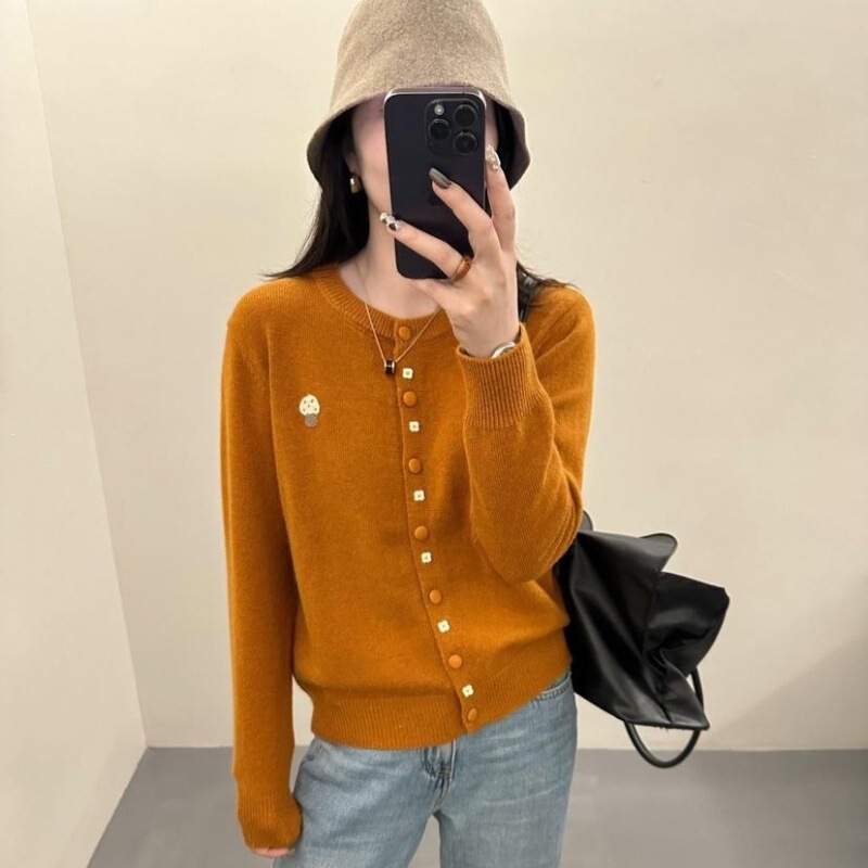 Mushroom Embroidery Sweater Round Neck Cardigan for Women Autumn and Winter 2025 New Design Niche Knitwear Top