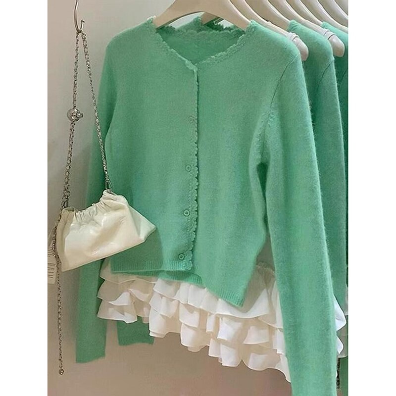 Kaning High-End Apple Green Lace Knit Cardigan 2026 Autumn Outerwear Loose Lazy Style Sweater Coat Kaning High-End Apple Green Lace Knit Cardigan 2026 Autumn Outerwear Loose Lazy Style Sweater Coat