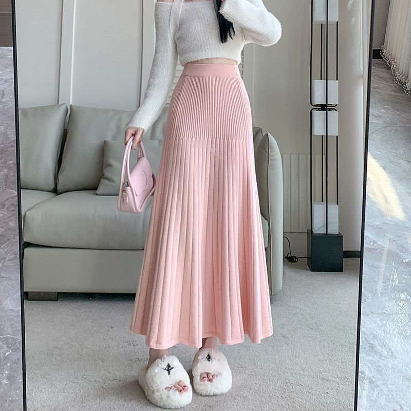 针织百褶半身裙女秋冬2025新款松紧高腰显瘦垂感a字包臀鱼尾长裙|undefined