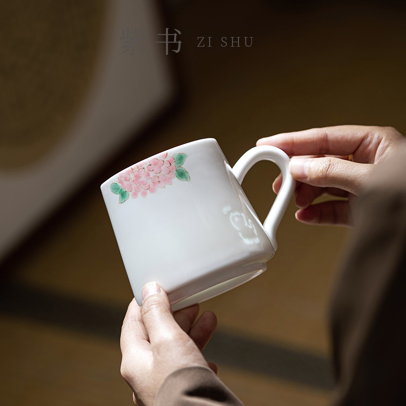 手绘玲珑绣球花马克杯陶瓷水杯女生家用办公室咖啡杯牛奶杯釉下彩